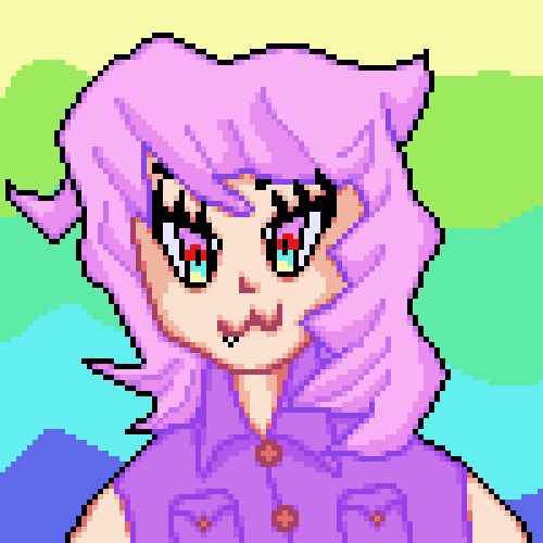 Pixel art of an anime girl with rainbow background.