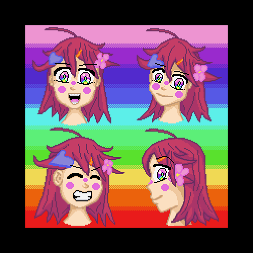 Pixel art of a girl with red hair with vibrant background.