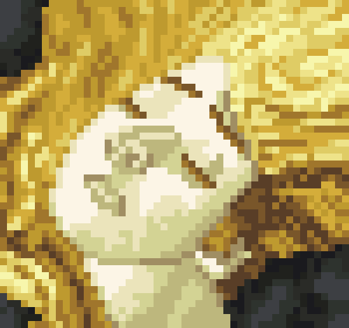 Pixel art of a face of a beautiful woman with bright hair and a dark background.